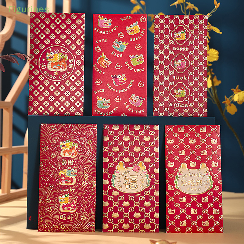 Enveloppe rouge porte-bonheur pour le nouvel an chinois, enveloppe cadeau dragon, poche à monnaie 2024, décorations du nouvel an, 6 pièces