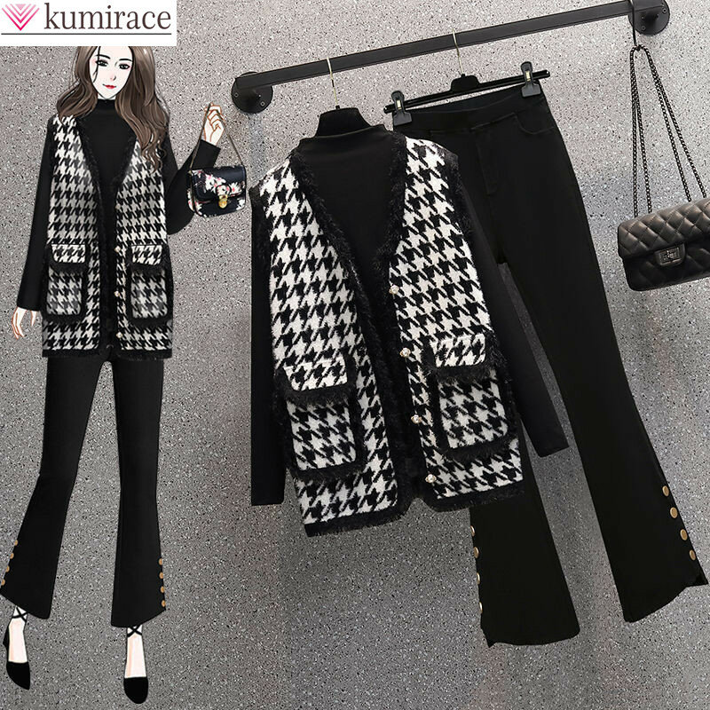 2022 Spring New Vest Sweater Coat High Waist Flared Pants Three Piece Elegant Women's Suit Office Casual Clothes Trouser Suits