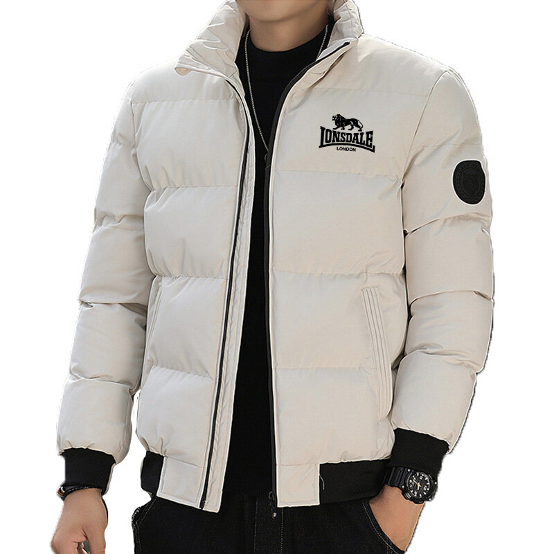 Vendita calda di marca invernale sport, tempo libero, moda, collo alla coreana con cerniera caldo e antivento, giacca addensata, giacca da uomo