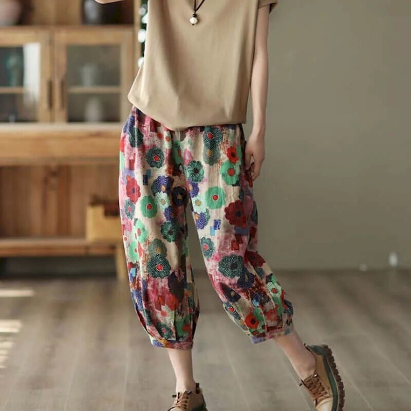 Pantalones de lino y algodón con estampado Floral para mujer, ropa Vintage informal holgada con cintura elástica, pantalones Harem de moda coreana