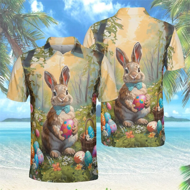 Polo con estampado 3d de conejo de Pascua para hombre, camisa holgada de gran tamaño, informal, de manga corta, para uso diario, 2024