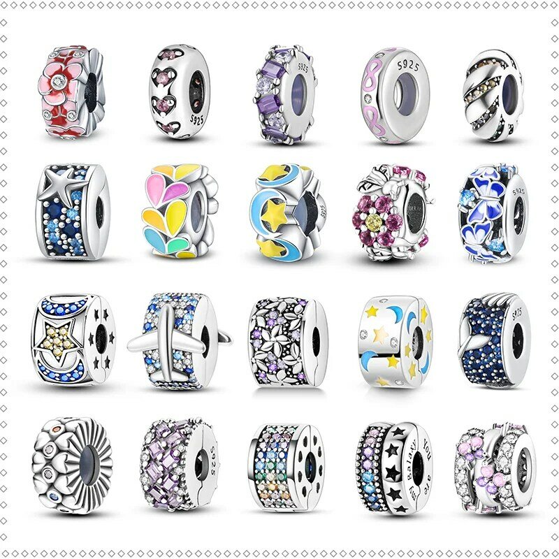 925 Sterling Silver Spacer Beads, borboleta, flor, silicone, zircão colorido, se adapta a Pandora, pulseira original, requintado DIY, novo, 2024
