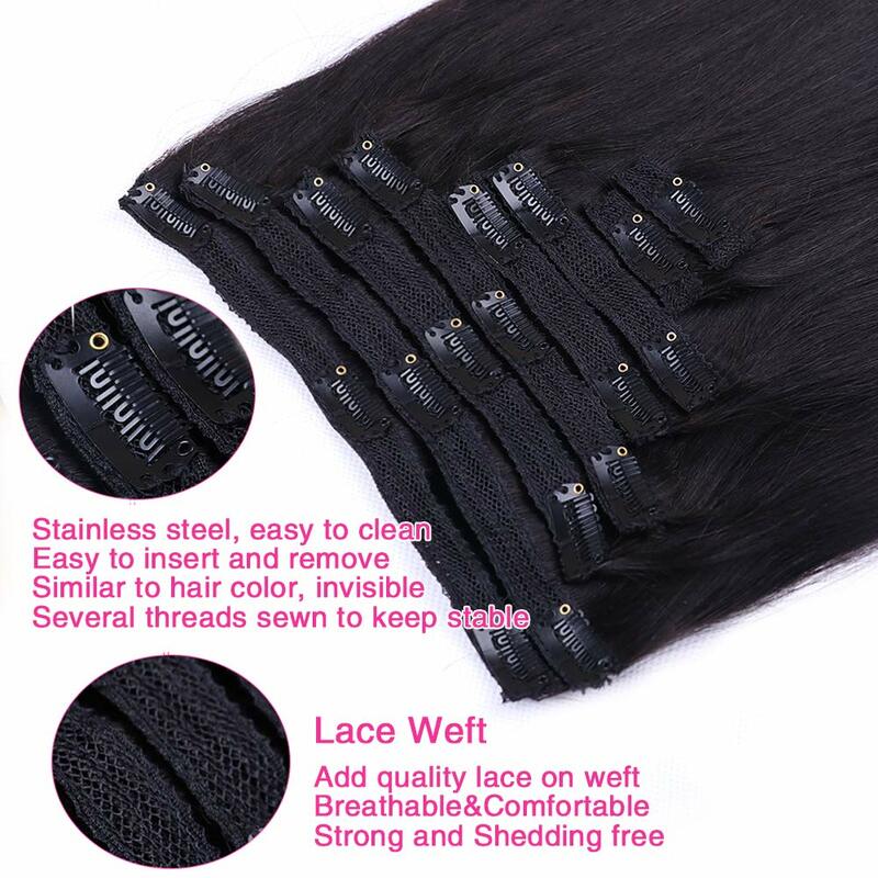 Straight Clip in Hair Extensions 100% Unprocessed Full Head Brazilian Virgin Hair Natural Black Color 1B for Black Women Clip in