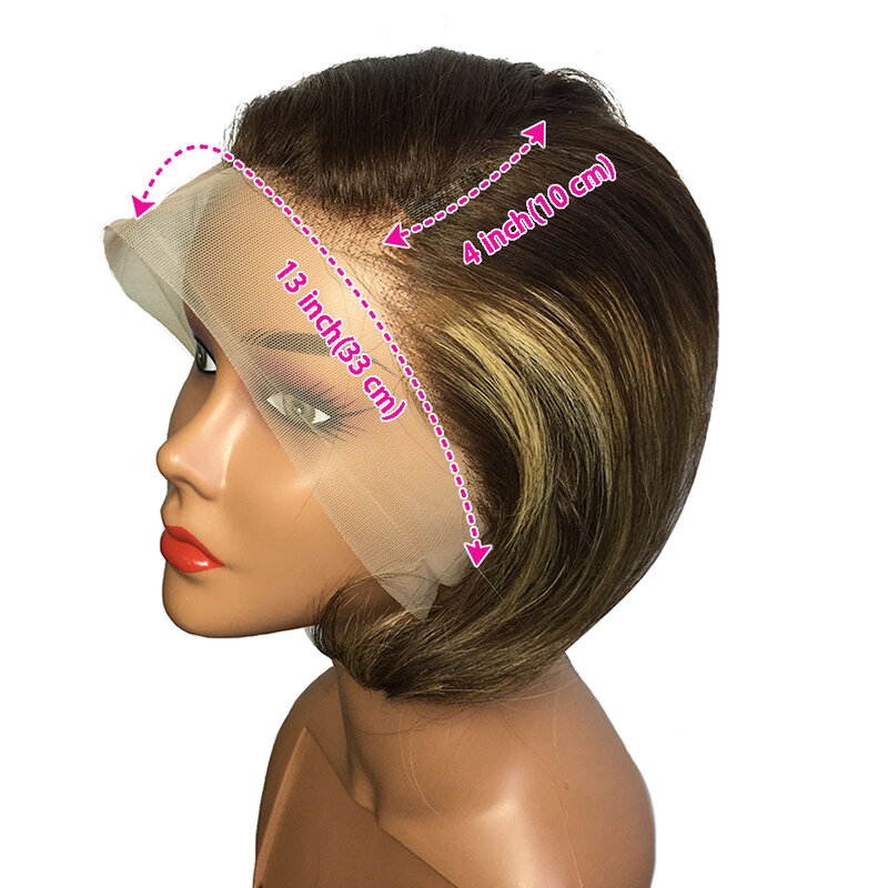 Fryzura Pixie krótki Bob 13x4 koronki ludzkich włosów peruka wyróżnij przezroczysty kolor koronkowa peruka na przód dla kobiet 4/27 prosto Bob brazylijski