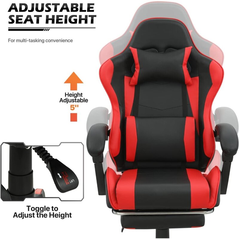 발받침 장착 게임용 의자, 머리 받침 및 요추 지지대, 회전 가능한 하이 백 비디오 게임 의자