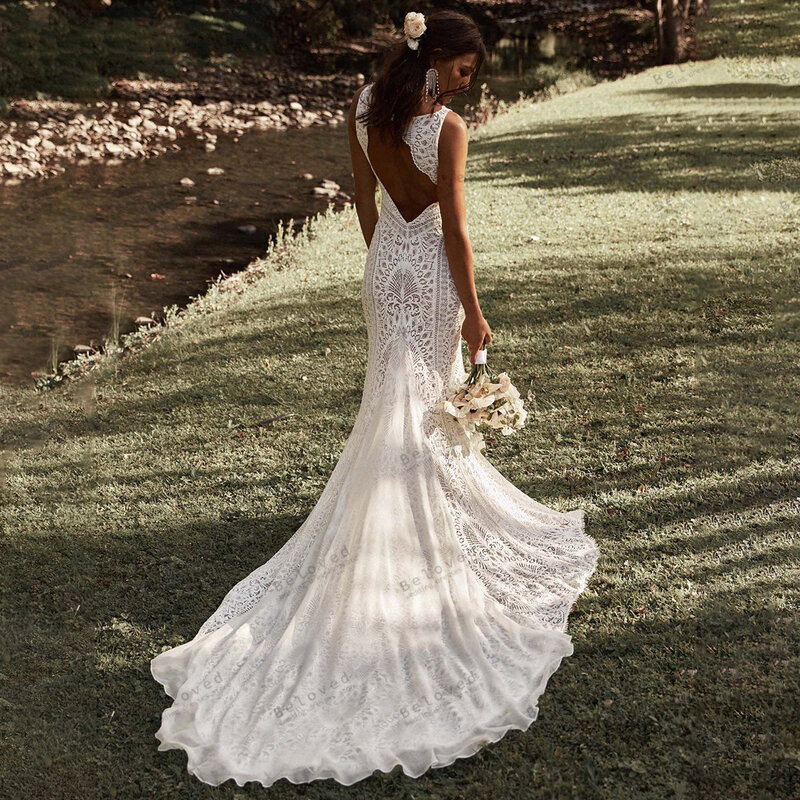 Bohema weselne sukienki w stylu Vintage suknie ślubne koronkowe dekolt w serek bez rękawów do podłogi na formalne przyjęcie Vestidos De Novia 2024