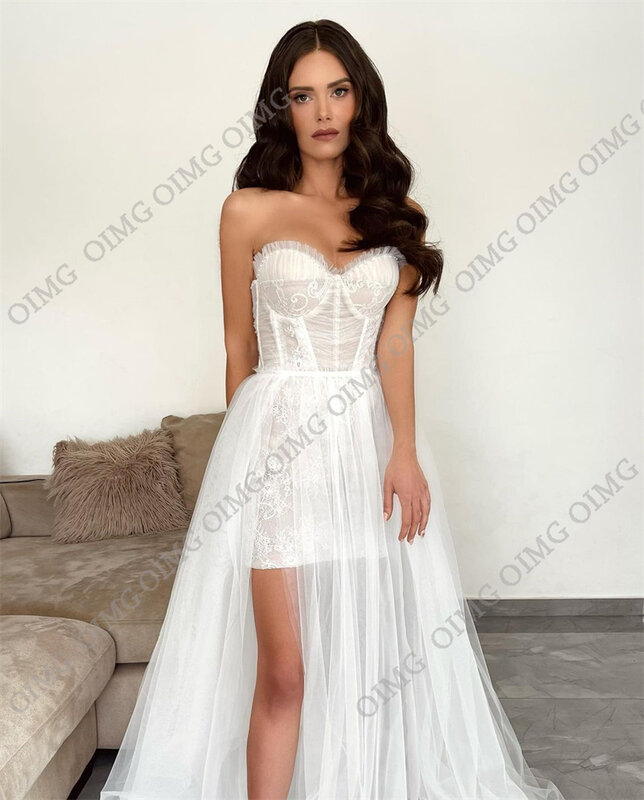 OIMG Elegant A Line Tulle Long Formal Wedding Dresses Lace Side Slit Vintage Bride Princess Bridal Gowns Dress Vestidos