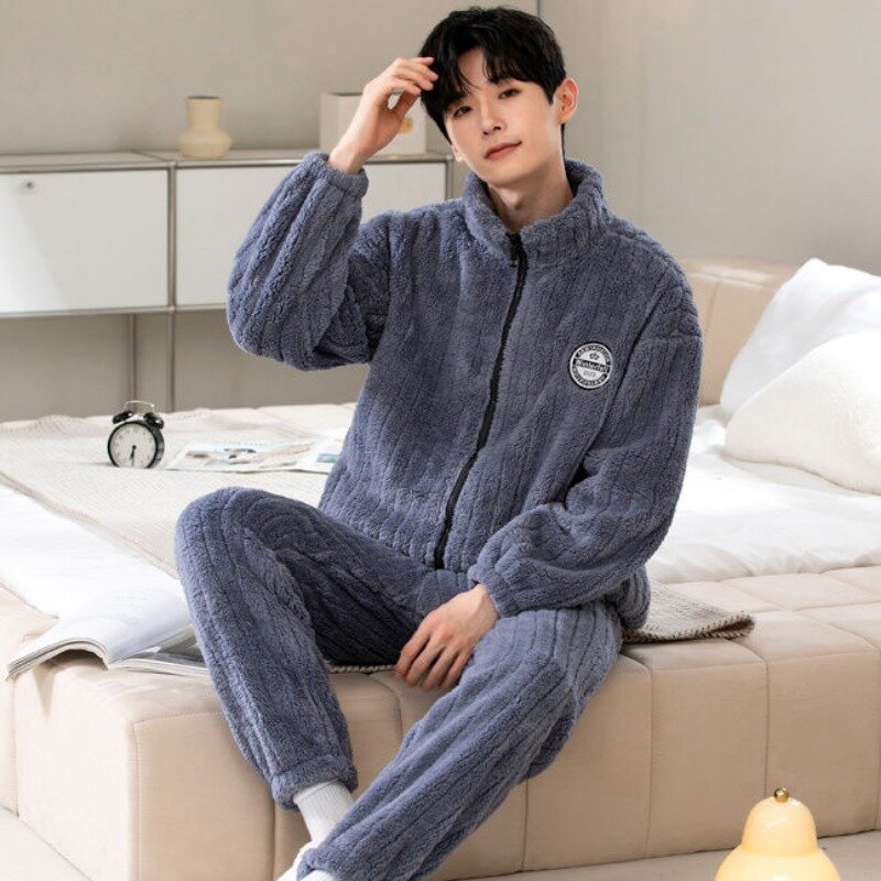 Pajamas Men Winter Fleece-lined Thicken Coral Fleece Thermal Nightclothes Male Flannel Large Size Stand Neck Homewear Suit 2024