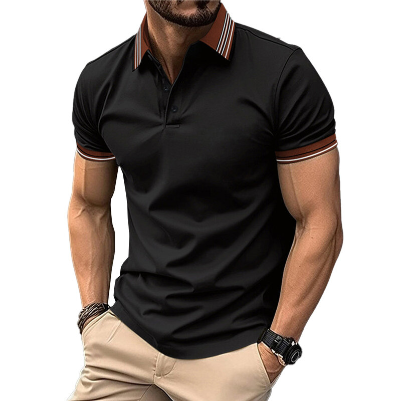 Camiseta de poliéster listrada masculina, tops, blusa, botões, gola, músculo confortável, moda regular, casual, escritório