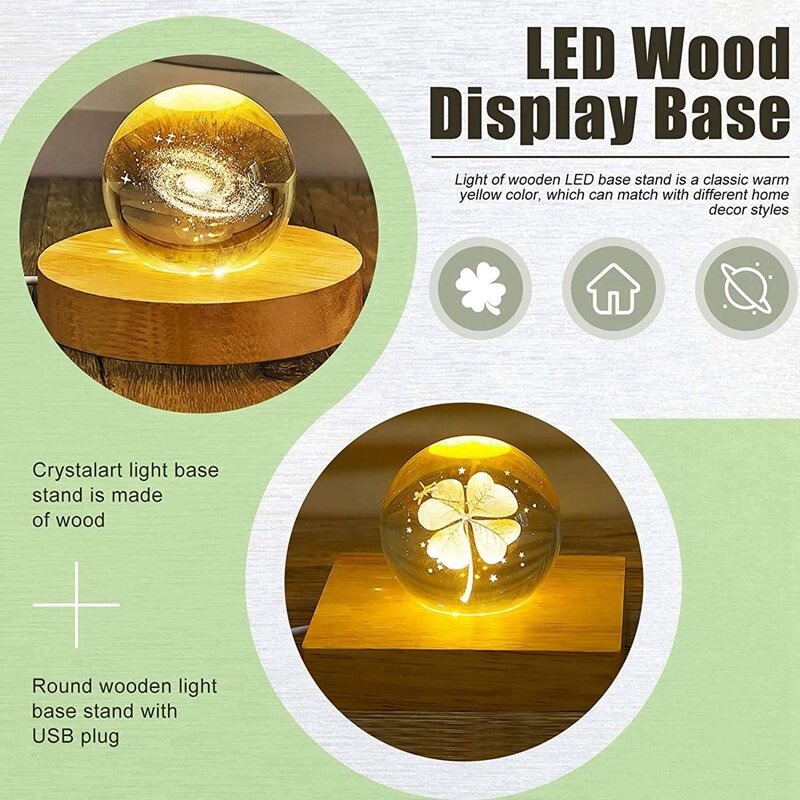 Base d'affichage LED en bois, support de lumière en verre cristal, 4 pièces