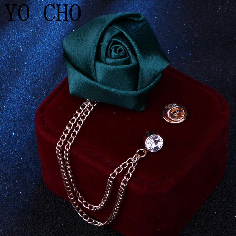 Fashion Gentleman Tassel Brooch For Men Suit Chain Lapel Pin Fake Rhinestone Wedding Accessories Silk Rose Flower Boutonniere