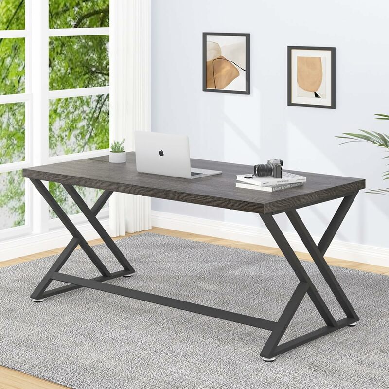 LVB Modern Computer Desk, Industrial Home Office Desk with Storage, Metal Wood Writing Study Computer Table for Bedroom, Farmhou