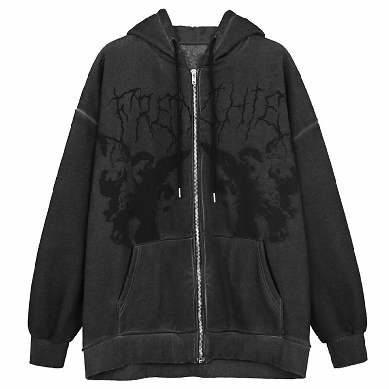 Sweats à capuche zippés pour femmes, Hip Hop, Streetwear, Veste imprimée Angel Dark, Manteau Goth, Harajuku, Vêtements Y2K, 2023