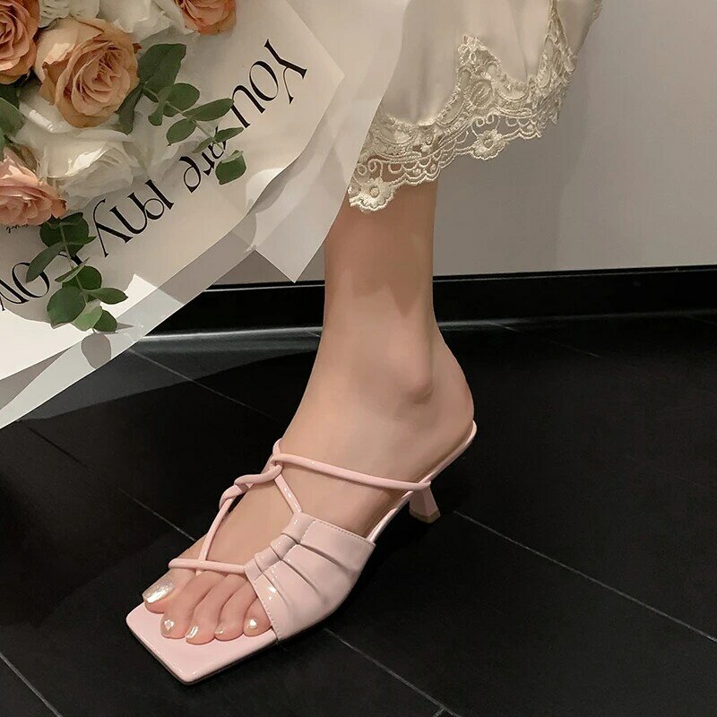 Thin High Heels Women Slippers Elegant Concise Narrow Band Office Ladies Party Prom Genuine Leather Sandals Shoes Woman