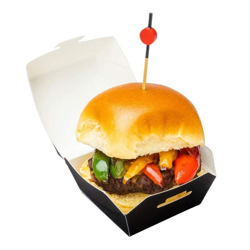 Kunden spezifische Produkt verpackung individuell bedruckte Behälter schwarz gebratenes Hühner käse papier zum Mitnehmen Lebensmittel Burger Hamburger Box