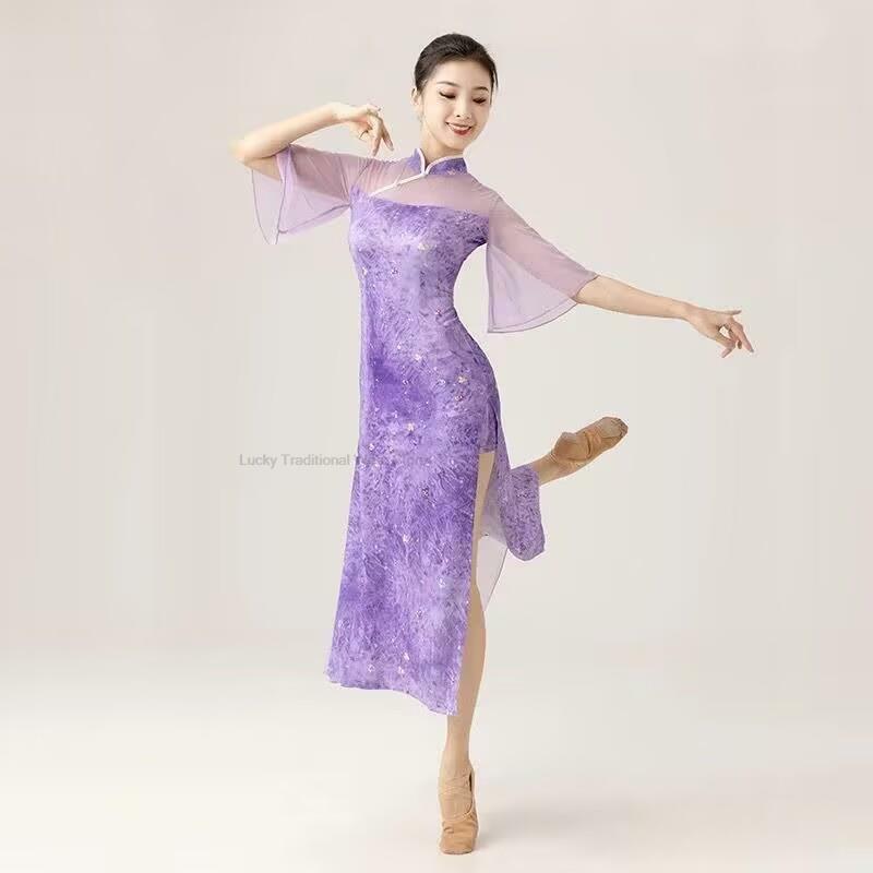 الصينية الكلاسيكية تشيباو فستان رقص أداء زي عالية شق تحسين زهرة طباعة شيونغسام فستان المرأة الشعبية الرقص البدلة