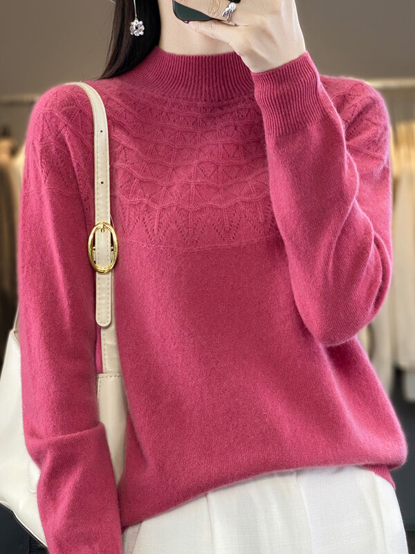 Suéter de caxemira com pescoço simulado para mulheres, pulôver de manga comprida 100% lã merino, malha básica, blusa oca, roupas femininas, outono