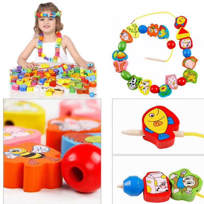 Brinquedos de madeira para bebê e criança, diy, diy, brinquedo educativo, desenhos animados, frutas, animais, rosqueamento, miçangas, monterssori, 9 ou 36pcs