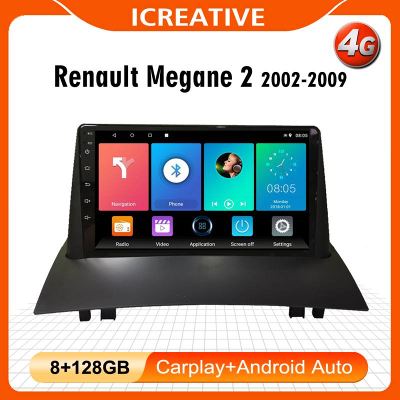 Autoradio Android avec Navigation GPS pour Renault Megane II 2, Lecteur Vidéo avec Cadre, Wifi, 4G, FM, Carplay, 2 Din, Limitation 2002-2009