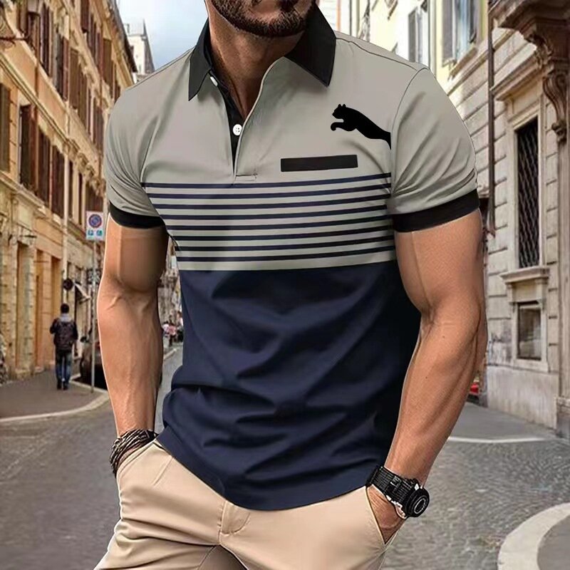 Polo com estampa listra masculina, camisas de manga curta com lapela, tops grandes, roupas casuais, simplicidade, tendência golfe, moda verão