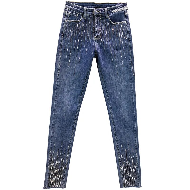 Эластичные джинсы в стиле ретро для женщин, Новинка лета 2024, облегающие обтягивающие популярные джинсовые брюки со стразами, Женские повседневные леггинсы, обтягивающие джинсовые брюки