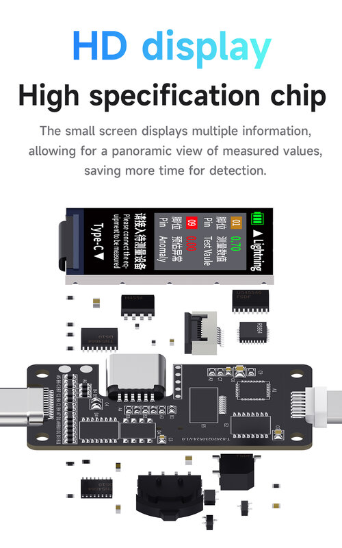MECHANIC Detección automática inteligente de probador de enchufe trasero, detección de precisión digital LCD para interfaz Lightning/Tipo C