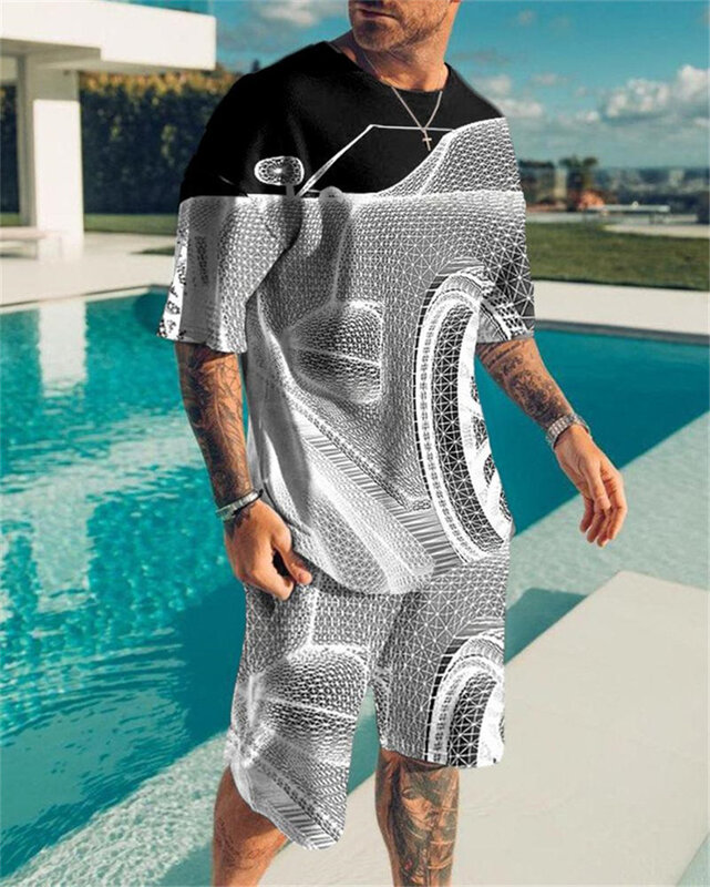 2022 Men's Sets Verão Manga Curta T-Shirt Suit Moda 2 Peça Streetwear Impressão 3D Esportes Praia Shorts Treino Roupas Masculinas