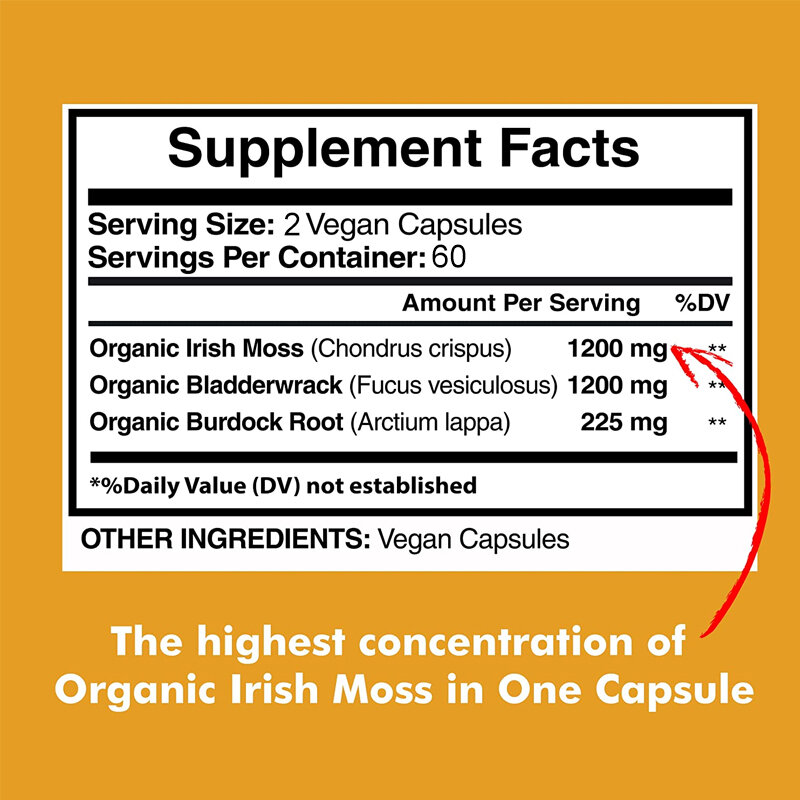 Mousse de mer de haute qualité récoltée à la main, 2625 mg, racines d'Irlande et de bardane, capsules de mousse de mer, 120 capsules végétariennes