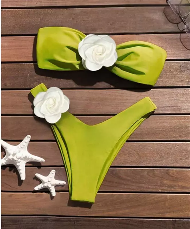 บิกินี่แบบผ้าพันเซ็กซี่สำหรับผู้หญิง2024ชุดว่ายน้ำบิกินี่ดันทรงลายดอกไม้3D พื้นชุดว่ายน้ำแบบสายเดี่ยวสำหรับฤดูร้อน