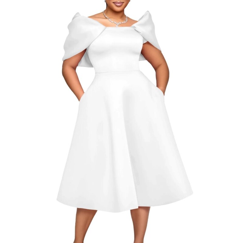 Gaun Afrika 2024 untuk wanita poliester elegan mode lengan pendek gaun pesta malam merah muda putih hitam pakaian Afrika gaun Midi