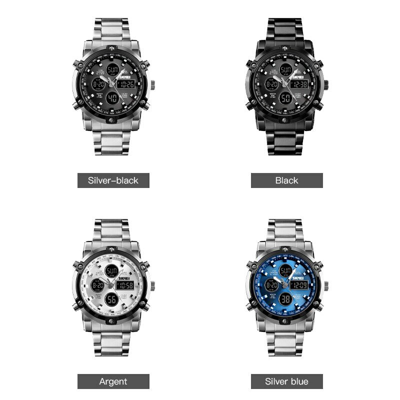 Skmei-Relógio de pulso masculino de quartzo, relógios digitais, pulseira de aço completa, relógio de contagem regressiva, 3 vezes
