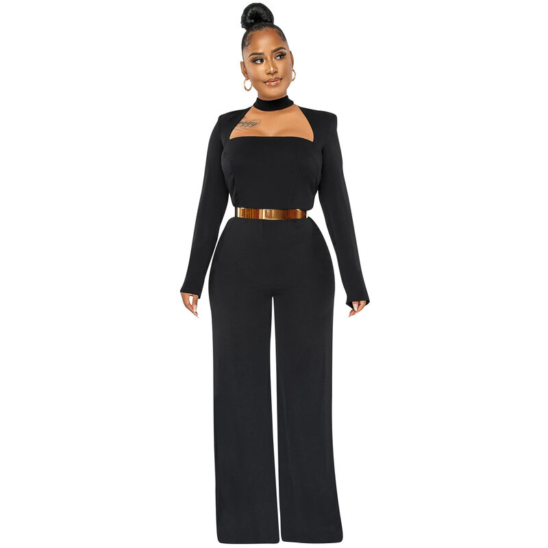 Autumn Winter Fashion Long-sleeved Wide-leg Pants Jumpsuit for Women High Neck Hollow Out High Waist Rompers Office Lady Outfit