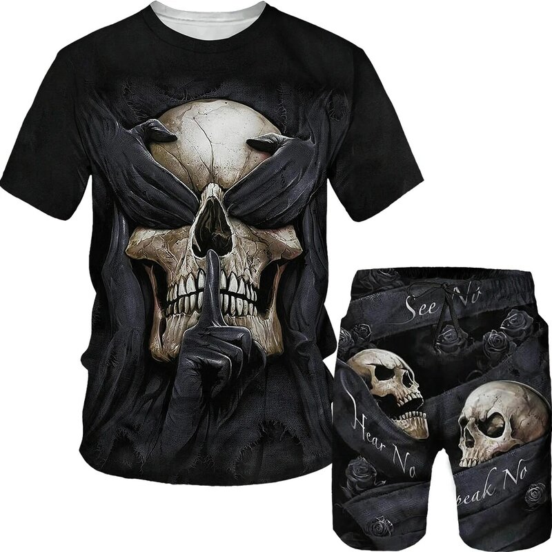 Conjunto de camiseta e shorts de esqueleto estampado 3D masculino, fatos de treino góticos, camiseta de manga curta, calças masculinas, roupas de verão