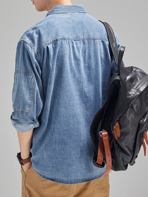 Camisa jeans de manga comprida masculina, azul, preta, azul, ombro drop, bolsos de botão, vaqueiro, solta, casual, jeans de trabalho, novo, jeans, 2023