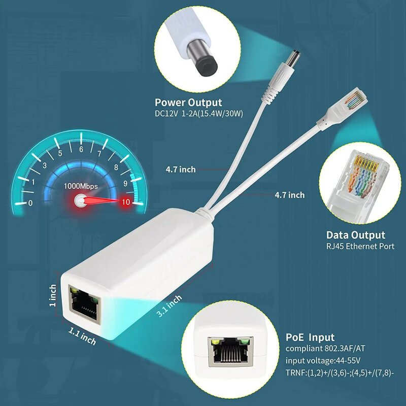 Gigabit-Poe-Splitter-Adapter,12V 2a-Ausgang, 1000 MBit/s, ieee 802.3af/at, geeignet für IP-Kameras, AP-WLAN und IP-Telefone