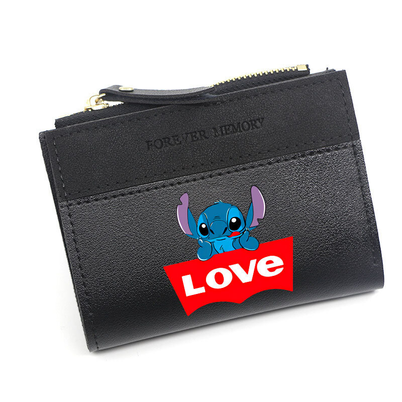 Disney Stitch Anime Mini portfel Lilo i Stitch damski krótki portfel śliczna portmonetka ze skóry PU wielofunkcyjne etui na karty