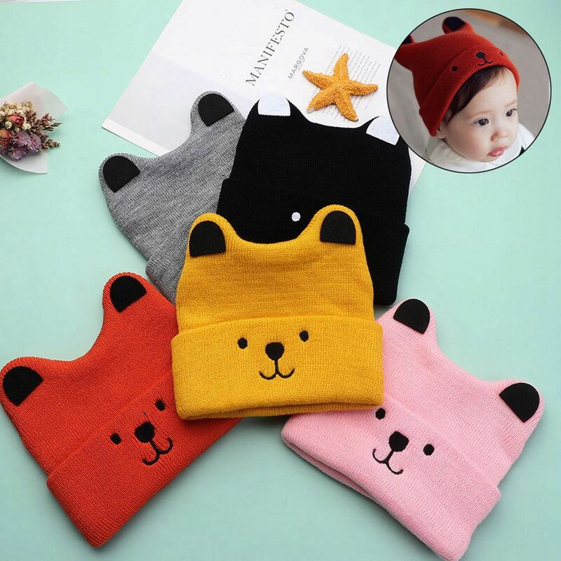Solid Color Cotton Boys Girls With Ears Winter Warm Cap Bonnet Hats Newborn Baby Hat Knitted Beanies