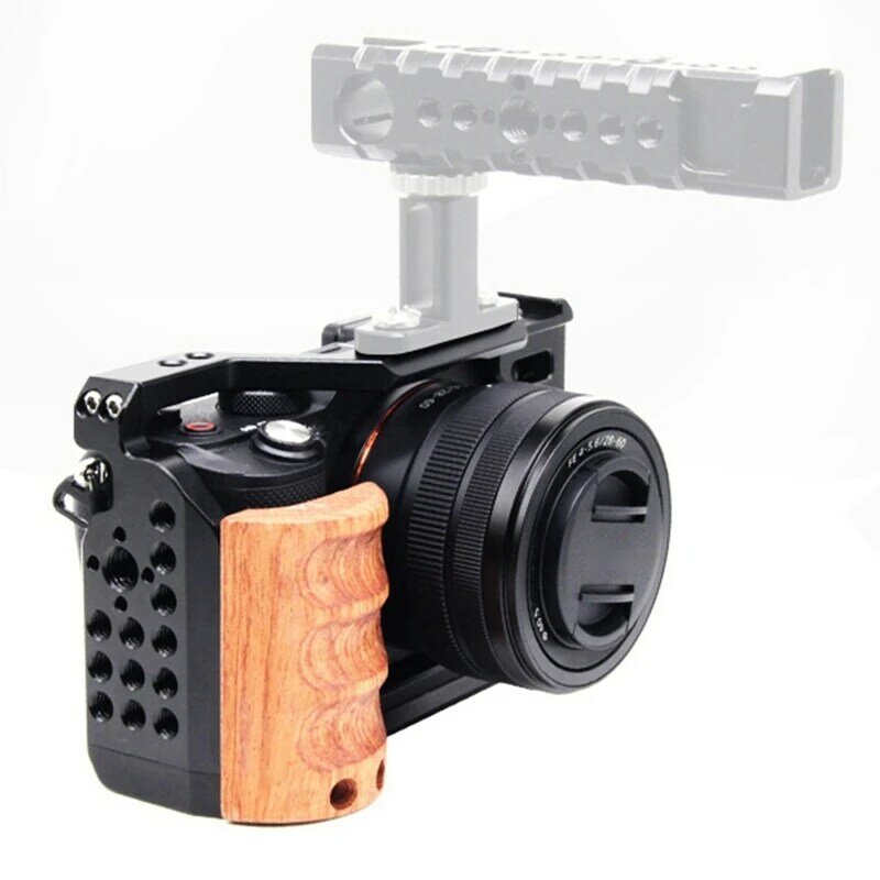 Camera Cage para Sony A7C, com cabo de madeira, carcaça, sapato frio