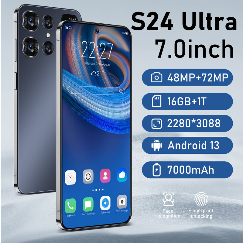 S24-スマートフォン7 hd,16g 1t,7000mah,Android 13, 5g,デュアルSIM,顔のロック解除,オリジナルの携帯電話,新品,2022