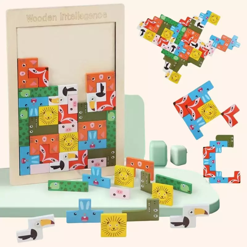 Mainan Puzzle kayu 3D, mainan Tangram kayu Puzzle bentuk warna untuk anak-anak