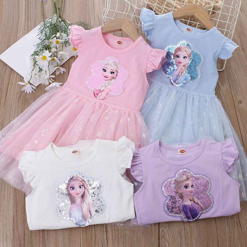Одежда для девочек, новинка 2024, летние платья принцессы, детское платье с рукавами «Холодное сердце», платья Эльзы, детская одежда