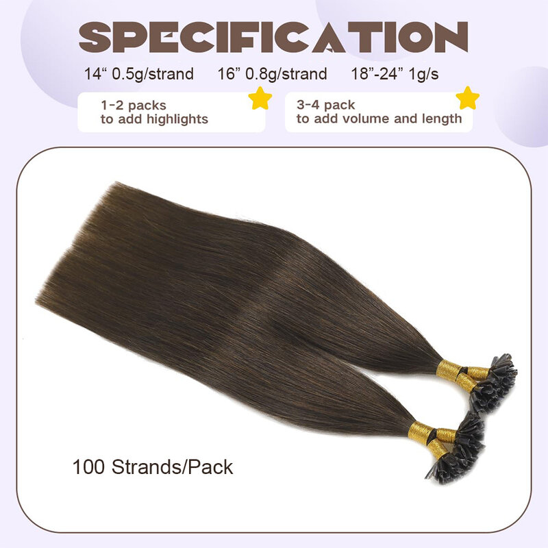 Extensiones de cabello liso con punta en U, cabello humano marrón oscuro, Remy, paquete de 100 hebras, n. ° 2