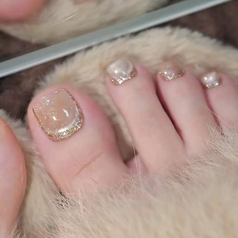 24pc gefälschte Zehennägel Französisch Katzenauge tragen Nagel volle Abdeckung Aurora Schmetterling kurze quadratische Zehen Nägel Fuß nägel Spitzen drücken auf Nägel