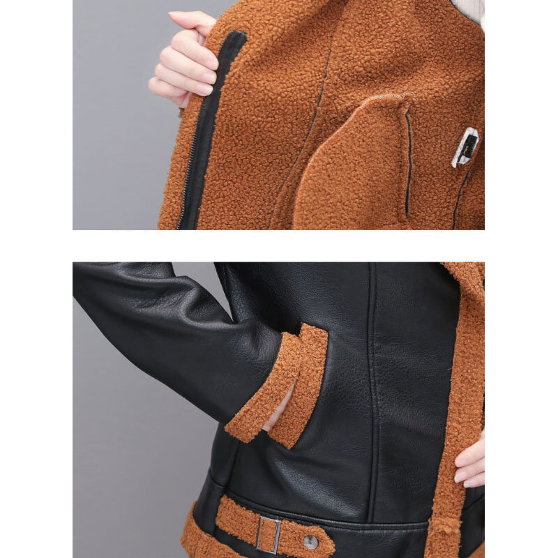 Jaket kulit PU imitasi wanita, jaket kulit domba imitasi, jaket hangat tebal, mantel pendek musim gugur dan dingin, jaket kulit PU hangat