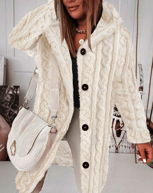 Knitted Cardigan for Women 2023 Autumn Winter long sleeve Fuzzy Textured Buttoned Fleece Coat Oversized Loose Hooded Cardigan