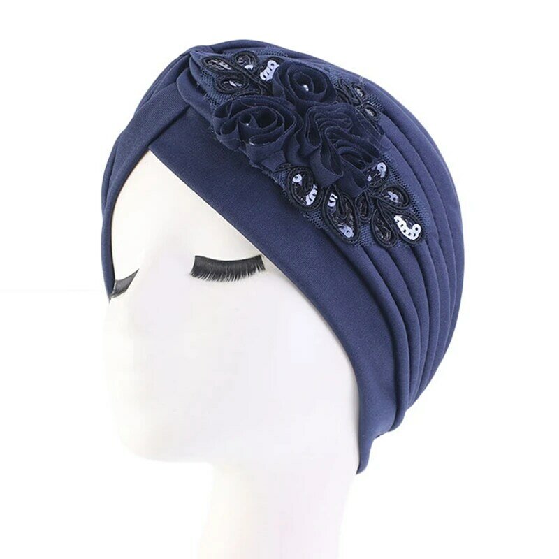 Cor sólida do turbante da decoração da flor do sequin para a moda feminina cabelo wear cabeça envoltório senhoras chapéus de câncer índia boné bandana