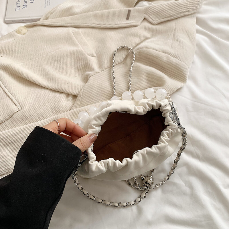 Linke Seite Perlen Pu Leder Umhängetaschen für Frauen einfache y2k koreanische Mode Handtaschen und Geldbörsen kleine Umhängetasche