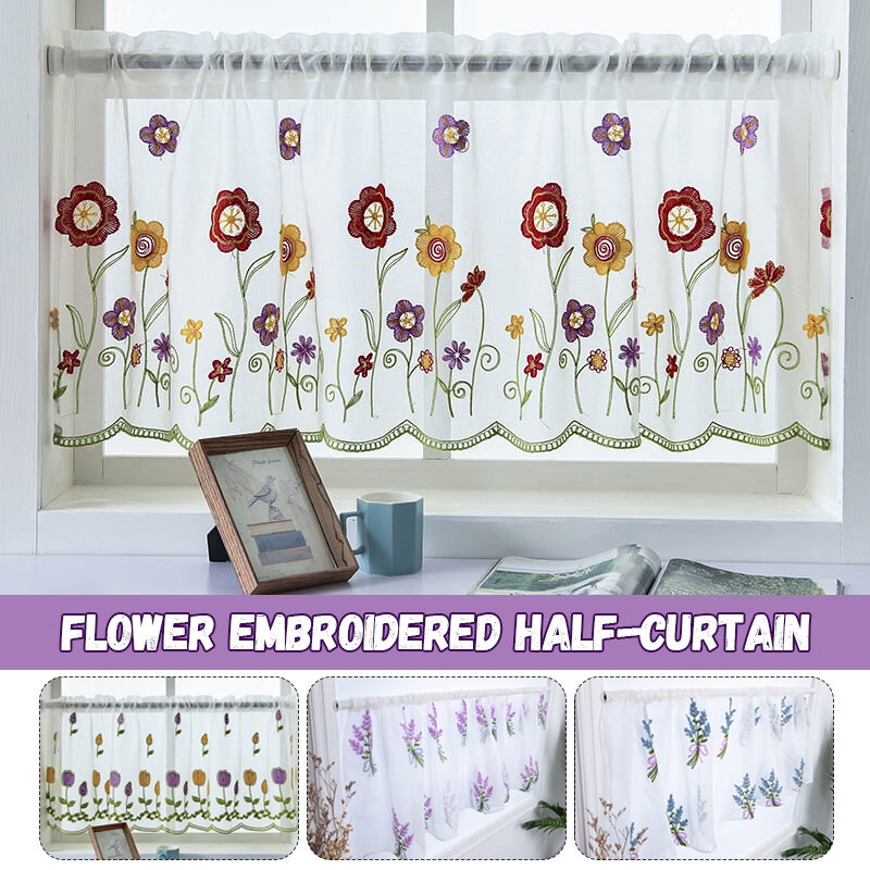 Flor curta bordada meia cortina para cozinha, café bolso, cortina de janela curta, tampa da varanda