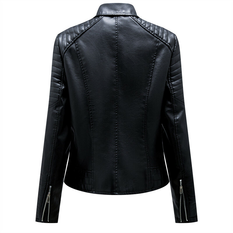 Jaqueta de couro sintético com zíper para mulheres, lapela preta, casaco casual PU, outerwear feminino motociclista, roupas femininas, S-L XL XXL XXXL, primavera e outono