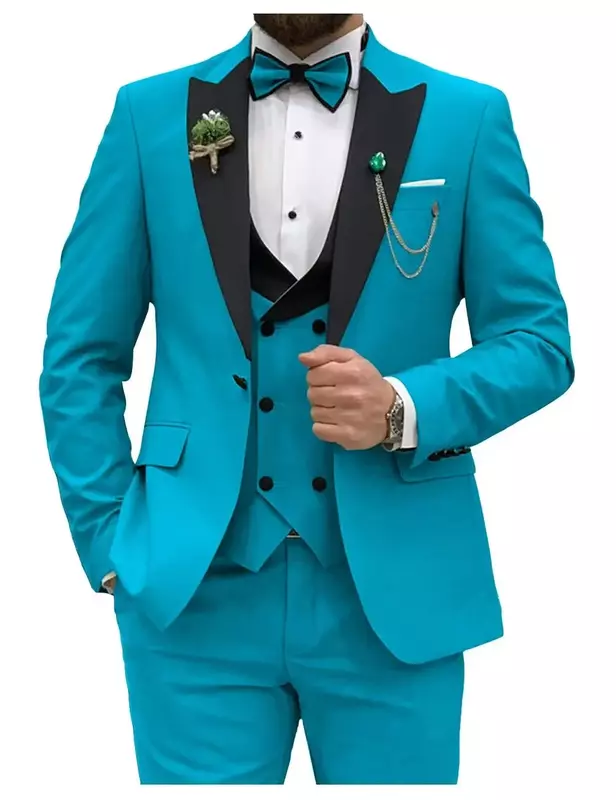 Ternos de peito duplo slim fit masculinos, conjunto formal de blazer masculino, lapela de pico, smoking para festa e casamento, colete e calças